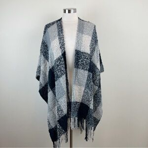Woolrich Black Gray Block Geometric Fringe Shawl Wrap Scarf Sweater Women